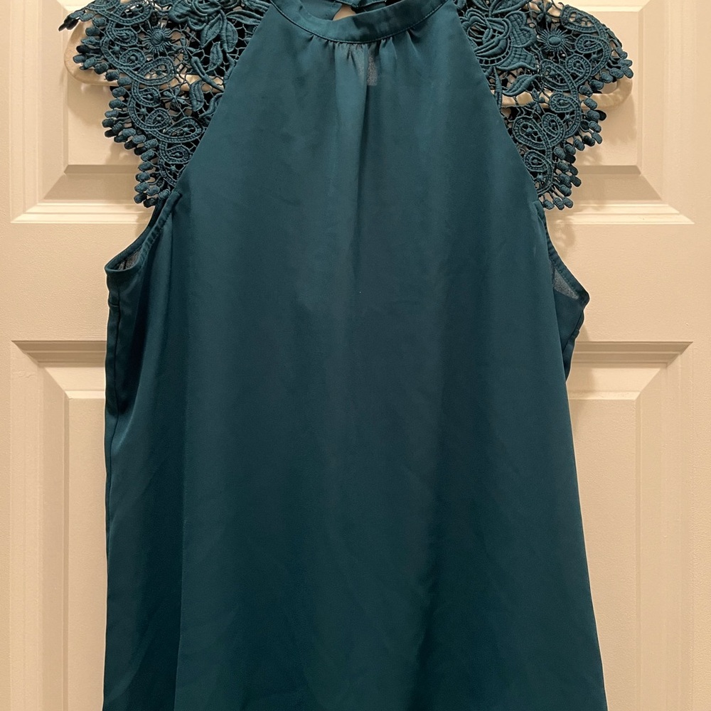 Elegant Teal Sleeveless Top with Lace Detail